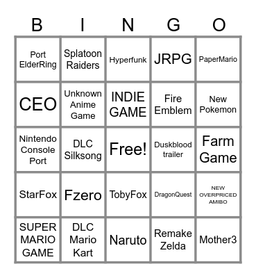 NINTENDO DIRECT Bingo Card