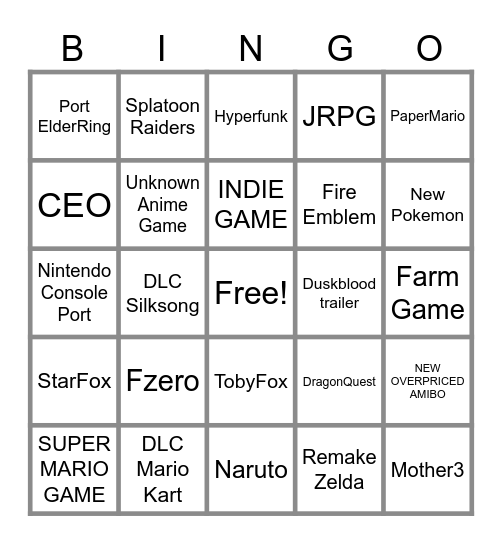 NINTENDO DIRECT Bingo Card