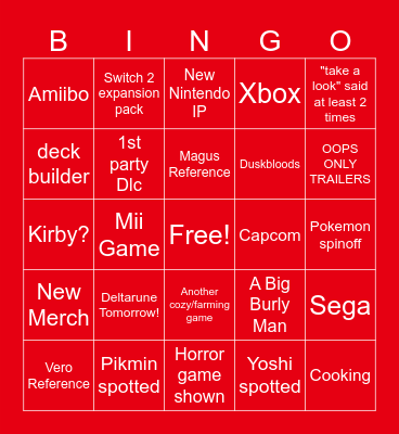 Yoshi's Nintendo Direct Prediction Card Bingo Card