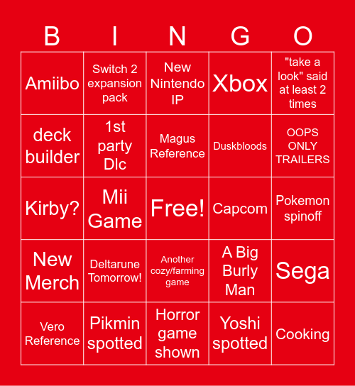 Yoshi's Nintendo Direct Prediction Card Bingo Card