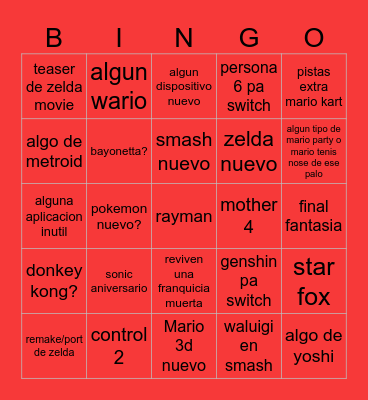 nintendo direct bingo Card