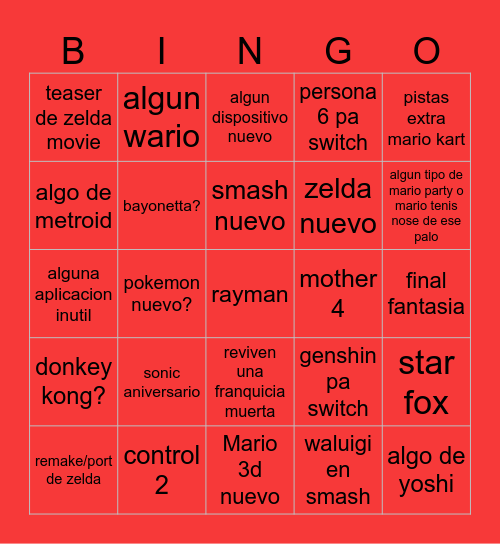 nintendo direct bingo Card