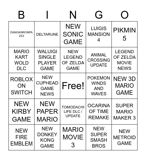 NINTENDO DIRECT Bingo Card