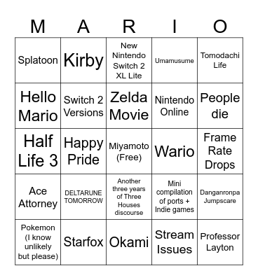 Nintendo Direct Bingo Card
