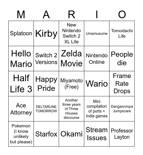 Nintendo Direct Bingo Card