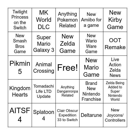 Nintendo Direct Bingo Card