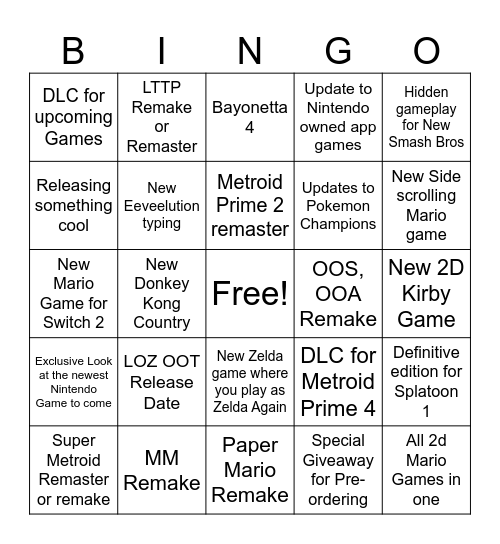 Nintendo Direct Bingo Card