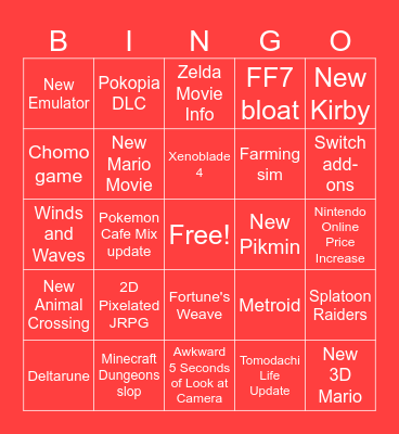 NINTENDO DIRECT Bingo Card