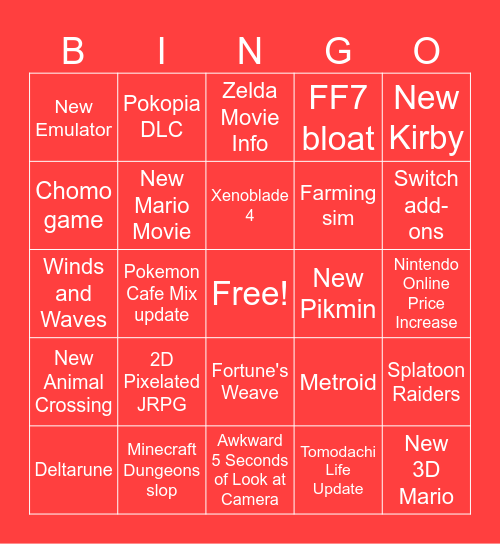 NINTENDO DIRECT Bingo Card