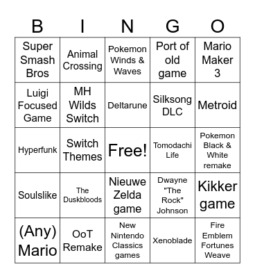 Nintendo Direct Bingo Card
