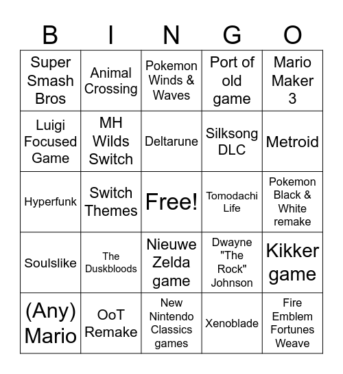 Nintendo Direct Bingo Card
