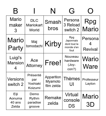 Nintendo Direct Juin Bingo Card