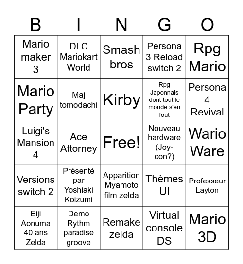 Nintendo Direct Juin Bingo Card