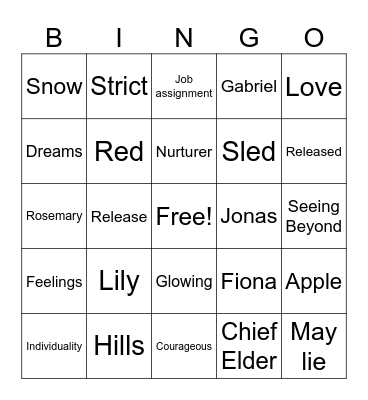 "The Giver" Review Bingo Card