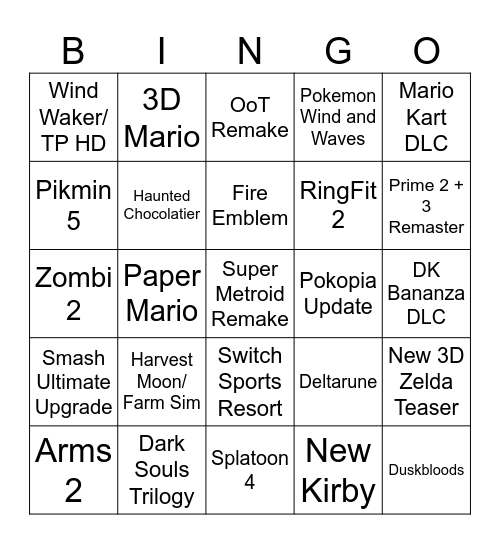 Nintendo Direct 6.9.2026 Bingo Card