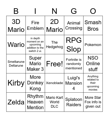 Nintendo Direct Bingo Card