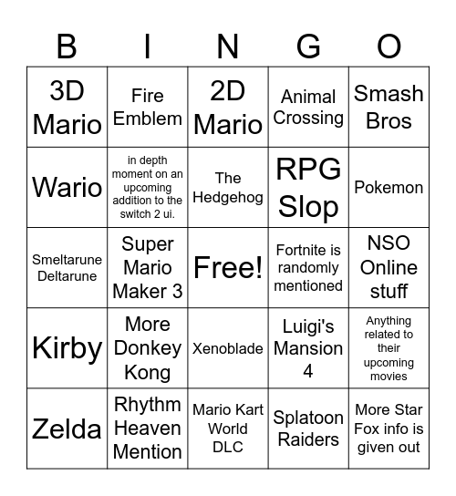 Nintendo Direct Bingo Card