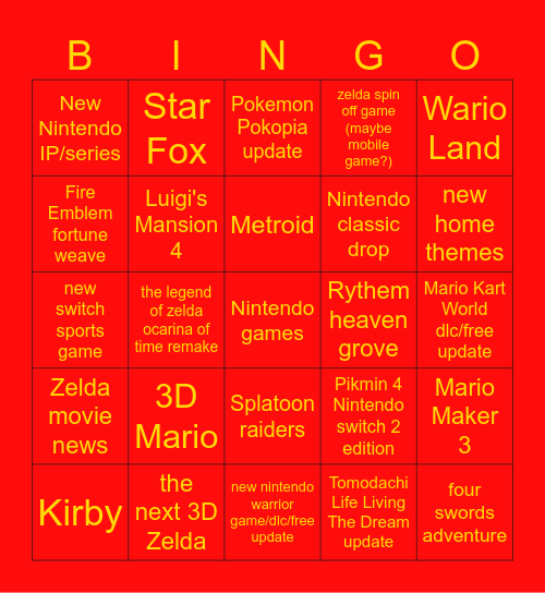 Nintendo direct 2026.6.9 Bingo Card