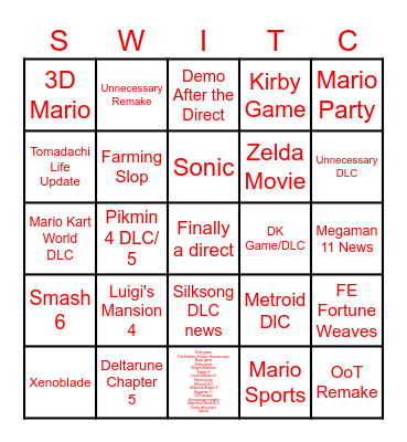 Nintendo Direct Bingo Card