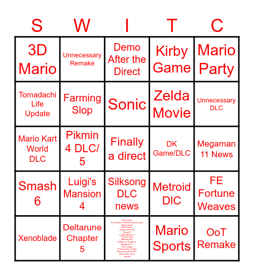 Nintendo Direct Bingo Card