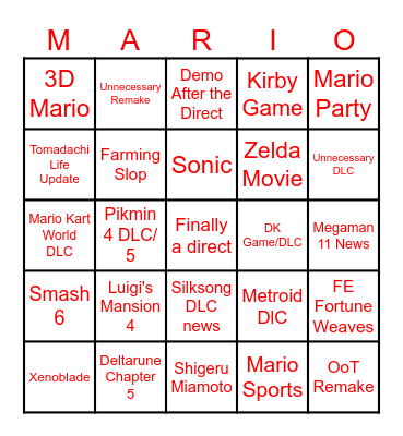 Nintendo Direct Bingo Card