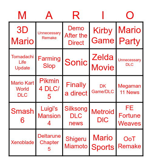 Nintendo Direct Bingo Card