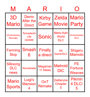 Nintendo Direct Bingo Card