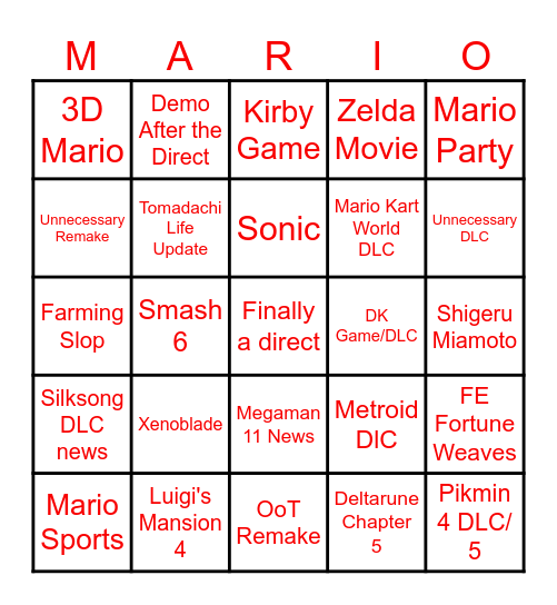 Nintendo Direct Bingo Card