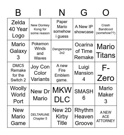 Noelle's Nintendo Direct Bingo 6/9/26 Bingo Card