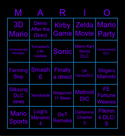Nintendo Direct Bingo Card