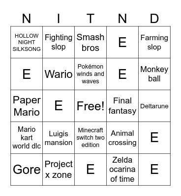 Nintendo direct Bingo Card
