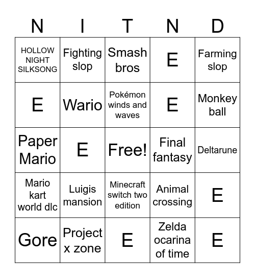 Nintendo direct Bingo Card