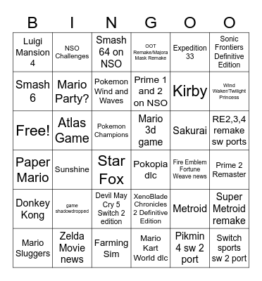 Nintendo Direct June 9th 2026 Bingo Card