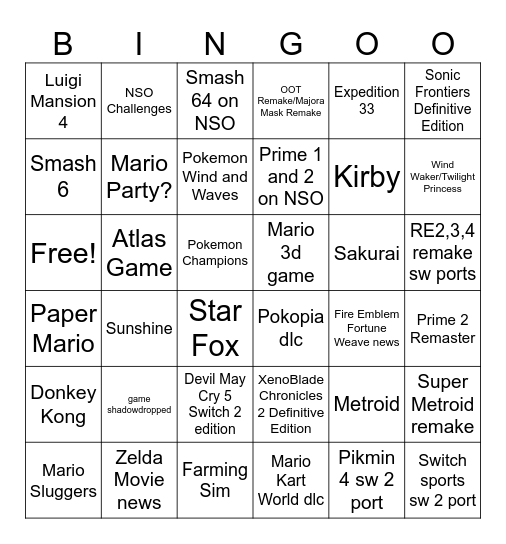 Nintendo Direct June 9th 2026 Bingo Card
