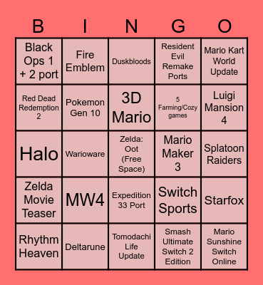 Nintendo Direct Bingo Card