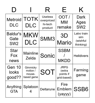 Nintendo Direct bingo Card