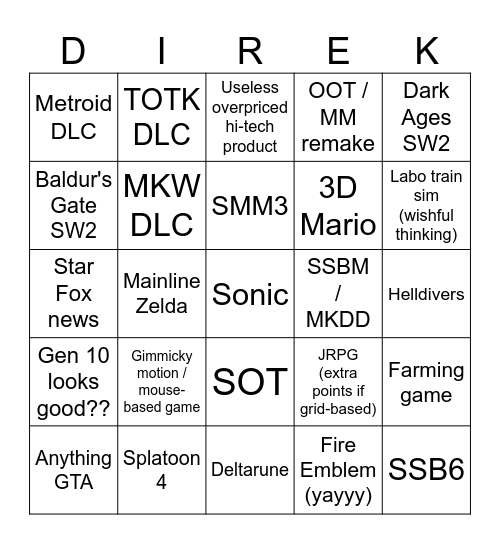 Nintendo Direct bingo Card