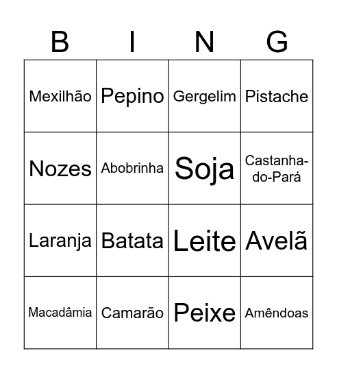 BINGO ALERGÊNICOS Bingo Card