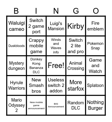 Nintendo Direct Bingo Card