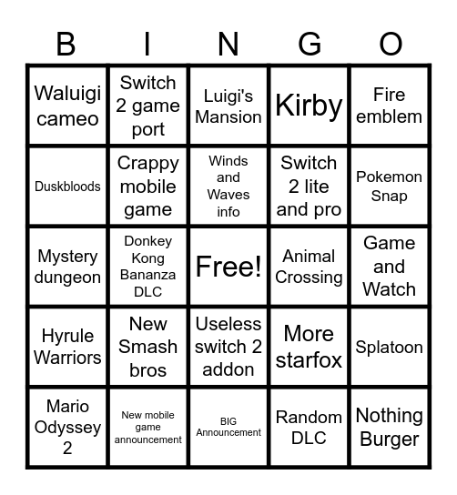Nintendo Direct Bingo Card