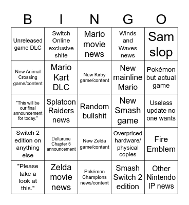 Nintendo Direct 9/6/26 Bingo Card