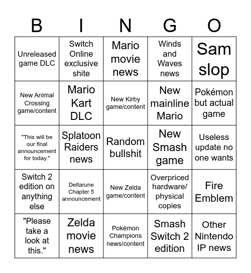 Nintendo Direct 9/6/26 Bingo Card