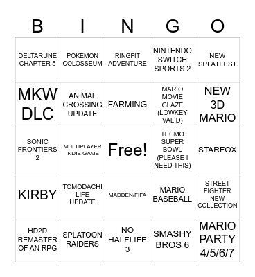 Nintendo Direct 6.9.26 Bingo Card