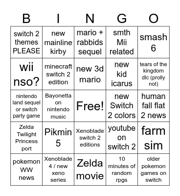 Nintendo Direct 6.9.26 Bingo Card