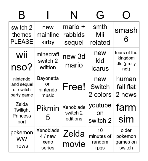 Nintendo Direct 6.9.26 Bingo Card