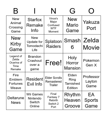 Nintendo Direct 2026 Bingo Card