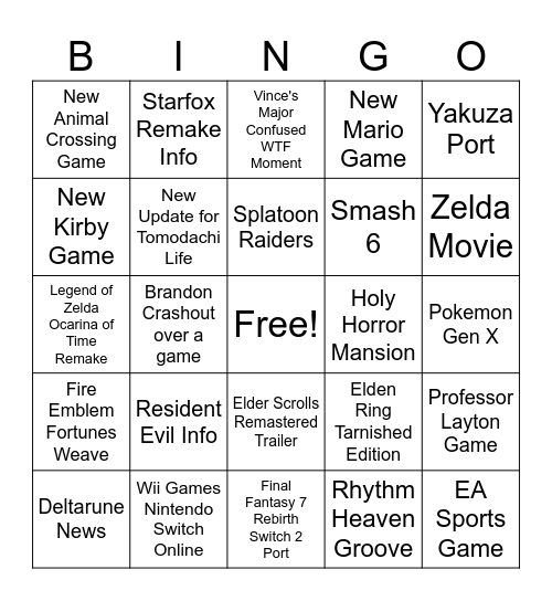 Nintendo Direct 2026 Bingo Card