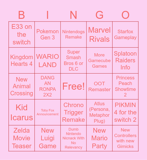 Nintendo Direct 6.9.26 Bingo Card