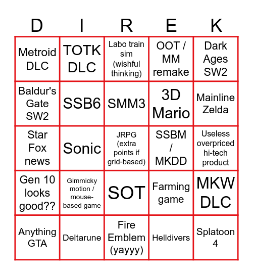 Nintendo Direct bingo Card