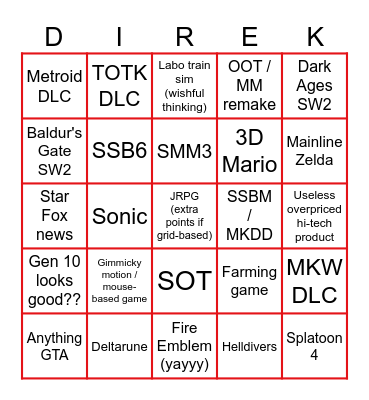 Nintendo Direct bingo Card
